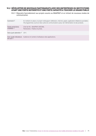 Comment ? En mettant en place un projet multisupport (télévision, internet, papier, application téléphone portable) :
50 programmes courts et des outils de communication autour de l'alimentation et des produits.
quels partenaires
mobiliser ?
Chef de file : MAAPRAT (DICOM).
Partenaires : Publics et privés.
dans quel calendrier ? 2011.
Avec quels indicateurs
de suivi ?
Audience et nombre d'utilisateurs des applications.
VI.2 DÉVELOPPER DE NOUVEAUX PARTENARIATS AVEC DES ENTREPRISES OU INSTITUTIONS
AYANT UNE FORTE NOTORIÉTÉ ET UNE FORTE CAPACITÉ À TOUCHER LE GRAND PUBLIC
VI.2.1 Répondre favorablement aux projets soumis au MAAPRAT et en initiant de nouveaux modes de
communication
71PNA • VOLET TRANSVERSAL Innover et créer des connaissances pour des modèles alimentaires durables et de qualité
 