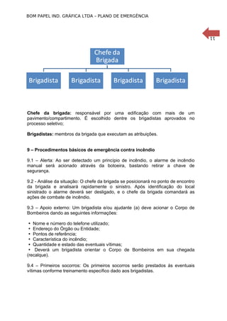 11
BOM PAPEL IND. GRÁFICA LTDA – PLANO DE EMERGÊNCIA
01
Chefe da brigada: responsável por uma edificação com mais de um
pavimento/compartimento. É escolhido dentre os brigadistas aprovados no
processo seletivo;
Brigadistas: membros da brigada que executam as atribuições.
9 – Procedimentos básicos de emergência contra incêndio
9.1 – Alerta: Ao ser detectado um princípio de incêndio, o alarme de incêndio
manual será acionado através da botoeira, bastando retirar a chave de
segurança.
9.2 - Análise da situação: O chefe da brigada se posicionará no ponto de encontro
da brigada e analisará rapidamente o sinistro. Após identificação do local
sinistrado o alarme deverá ser desligado, e o chefe da brigada comandará as
ações de combate de incêndio.
9.3 – Apoio externo: Um brigadista e/ou ajudante (a) deve acionar o Corpo de
Bombeiros dando as seguintes informações:
Nome e número do telefone utilizado;
Endereço do Órgão ou Entidade;
Pontos de referência;
Característica do incêndio;
Quantidade e estado das eventuais vítimas;
Deverá um brigadista orientar o Corpo de Bombeiros em sua chegada
(recalque).
9.4 – Primeiros socorros: Os primeiros socorros serão prestados às eventuais
vítimas conforme treinamento específico dado aos brigadistas.
 