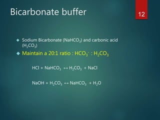 12Bicarbonate buffer
 Sodium Bicarbonate (NaHCO3) and carbonic acid
(H2CO3)
 Maintain a 20:1 ratio : HCO3
- : H2CO3
HCl + NaHCO3 ↔ H2CO3 + NaCl
NaOH + H2CO3 ↔ NaHCO3 + H2O
 