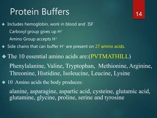 14Protein Buffers
 Includes hemoglobin, work in blood and ISF
Carboxyl group gives up H+
Amino Group accepts H+
 Side chains that can buffer H+ are present on 27 amino acids.
 The 10 essential amino acids are:(PVTMATHILL)
Phenylalanine, Valine, Tryptophan, Methionine, Arginine,
Threonine, Histidine, Isoleucine, Leucine, Lysine
 10 Amino acids the body produces:
alanine, asparagine, aspartic acid, cysteine, glutamic acid,
glutamine, glycine, proline, serine and tyrosine
 