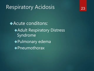23Respiratory Acidosis
Acute conditons:
Adult Respiratory Distress
Syndrome
Pulmonary edema
Pneumothorax
 