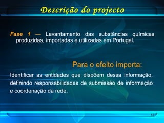 Descrição do projecto Fase 1   —  Levantamento das substâncias químicas produzidas, importadas e utilizadas em Portugal. Para o efeito importa: Identificar as entidades que dispõem dessa informação, definindo responsabilidades de submissão de informação e coordenação da rede. 