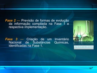 Fase 2   —  Previsão de formas de evolução da informação compilada na Fase 1 e respectiva implementação. Fase 3   —  Criação de um Inventário Nacional de Substâncias Químicas, identificadas na Fase 1.  http://farm2.static.flickr.com/1412/769703256_de8f9c83e5.jpg   
