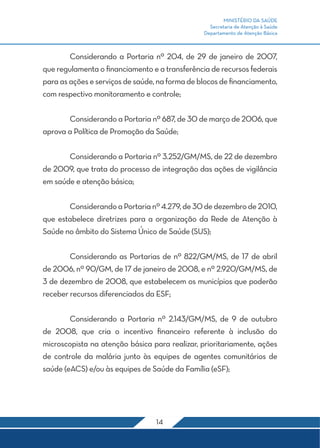 MINISTÉRIO DA SAÚDE
Secretaria de Atenção à Saúde
Departamento de Atenção Básica
14
	Considerando a Portaria nº 204, de 29 de janeiro de 2007,
que regulamenta o financiamento e a transferência de recursos federais
para as ações e serviços de saúde, na forma de blocos de financiamento,
com respectivo monitoramento e controle;
	 Considerando a Portaria nº 687, de 30 de março de 2006, que
aprova a Política de Promoção da Saúde;
	 Considerando a Portaria nº 3.252/GM/MS, de 22 de dezembro
de 2009, que trata do processo de integração das ações de vigilância
em saúde e atenção básica;
	 ConsiderandoaPortarianº4.279,de30dedezembrode2010,
que estabelece diretrizes para a organização da Rede de Atenção à
Saúde no âmbito do Sistema Único de Saúde (SUS);
	 Considerando as Portarias de nº 822/GM/MS, de 17 de abril
de 2006, nº 90/GM, de 17 de janeiro de 2008, e nº 2.920/GM/MS, de
3 de dezembro de 2008, que estabelecem os municípios que poderão
receber recursos diferenciados da ESF;
	 Considerando a Portaria nº 2.143/GM/MS, de 9 de outubro
de 2008, que cria o incentivo financeiro referente à inclusão do
microscopista na atenção básica para realizar, prioritariamente, ações
de controle da malária junto às equipes de agentes comunitários de
saúde (eACS) e/ou às equipes de Saúde da Família (eSF);
 