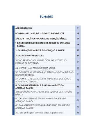 SUMÁRIO
APRESENTAÇÃO 9
PORTARIA Nº 2.488, DE 21 DE OUTUBRO DE 2011 13
ANEXO A – POLÍTICA NACIONAL DE ATENÇÃO BÁSICA 19
1 DOS PRINCÍPIOS E DIRETRIZES GERAIS DA ATENÇÃO
BÁSICA
19
2 DAS FUNÇÕES NA REDE DE ATENÇÃO À SAÚDE 25
3 DAS RESPONSABILIDADES 27
3.1 SÃO RESPONSABILIDADES COMUNS A TODAS AS
ESFERAS DE GOVERNO
27
3.2 COMPETE AO MINISTÉRIO DA SAÚDE 28
3.3 COMPETE ÀS SECRETARIAS ESTADUAIS DE SAÚDE E AO
DISTRITO FEDERAL
29
3.4 COMPETE ÀS SECRETARIAS MUNICIPAIS DE SAÚDE E
AO DISTRITO FEDERAL
31
4 DA INFRAESTRUTURA E FUNCIONAMENTO DA
ATENÇÃO BÁSICA
35
4.1 EDUCAÇÃO PERMANENTE DAS EQUIPES DE ATENÇÃO
BÁSICA
38
4.2 DO PROCESSO DE TRABALHO DAS EQUIPES DE
ATENÇÃO BÁSICA
40
4.3 DAS ATRIBUIÇÕES DOS MEMBROS DAS EQUIPES DE
ATENÇÃO BÁSICA
43
4.3.1 São atribuições comuns a todos os profissionais 43
 