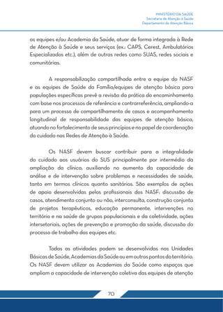 MINISTÉRIO DA SAÚDE
Secretaria de Atenção à Saúde
Departamento de Atenção Básica
70
as equipes e/ou Academia da Saúde, atuar de forma integrada à Rede
de Atenção à Saúde e seus serviços (ex.: CAPS, Cerest, Ambulatórios
Especializados etc.), além de outras redes como SUAS, redes sociais e
comunitárias.
	 A responsabilização compartilhada entre a equipe do NASF
e as equipes de Saúde da Família/equipes de atenção básica para
populações específicas prevê a revisão da prática do encaminhamento
com base nos processos de referência e contrarreferência, ampliando-a
para um processo de compartilhamento de casos e acompanhamento
longitudinal de responsabilidade das equipes de atenção básica,
atuandonofortalecimentodeseusprincípiosenopapeldecoordenação
do cuidado nas Redes de Atenção à Saúde.
	 Os NASF devem buscar contribuir para a integralidade
do cuidado aos usuários do SUS principalmente por intermédio da
ampliação da clínica, auxiliando no aumento da capacidade de
análise e de intervenção sobre problemas e necessidades de saúde,
tanto em termos clínicos quanto sanitários. São exemplos de ações
de apoio desenvolvidas pelos profissionais dos NASF: discussão de
casos, atendimento conjunto ou não, interconsulta, construção conjunta
de projetos terapêuticos, educação permanente, intervenções no
território e na saúde de grupos populacionais e da coletividade, ações
intersetoriais, ações de prevenção e promoção da saúde, discussão do
processo de trabalho das equipes etc.
	 Todas as atividades podem se desenvolvidas nas Unidades
BásicasdeSaúde,AcademiasdaSaúdeouemoutrospontosdoterritório.
Os NASF devem utilizar as Academias da Saúde como espaços que
ampliam a capacidade de intervenção coletiva das equipes de atenção
 