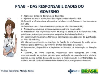 Política Nacional de Atenção Básica
PNAB - DAS RESPONSABILIDADES DO
GOVERNO
I – Reorientar o modelo de atenção e de gestão;
II - Apoiar e estimular a adoção da Estratégia Saúde da Família - ESF
III -Garantir a infraestrutura adequada e com boas condições para o funcionamento
das UBS;
IV -Contribuir com o financiamento tripartite para fortalecimento AB;
V - Assegurar ao usuário o acesso universal, equânime e ordenado;
VI -Estabelecer, nos respectivos Planos Municipais, Estaduais e Nacional de Saúde,
prioridades, estratégias e metas para a organização da Atenção Básica;
VII -Desenvolver mecanismos técnicos e estratégias organizacionais de qualificação
da força de trabalho;
VIII -Garantir provimento e estratégias de fixação de profissionais de saúde para a
Atenção Básica com vistas a promover ofertas de cuidado e o vínculo;
IX -Desenvolver, disponibilizar e implantar os Sistemas de Informação da Atenção
Básica;
X -Garantir, de forma tripartite, dispositivos para transporte em saúde,
compreendendo as equipes, pessoas para realização de procedimentos eletivos,
exames, dentre outros, buscando assegurar a resolutividade e a integralidade do
cuidado na RAS, conforme necessidade do território e planejamento de saúde;
 