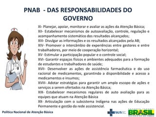 Política Nacional de Atenção Básica
PNAB - DAS RESPONSABILIDADES DO
GOVERNO
XI- Planejar, apoiar, monitorar e avaliar as ações da Atenção Básica;
XII- Estabelecer mecanismos de autoavaliação, controle, regulação e
acompanhamento sistemático dos resultados alcançados;
XIII- Divulgar as informações e os resultados alcançados pela AB;
XIV- Promover o intercâmbio de experiências entre gestores e entre
trabalhadores, por meio de cooperação horizontal;
XV- Estimular a participação popular e o controle social;
XVI- Garantir espaços físicos e ambientes adequados para a formação
de estudantes e trabalhadores de saúde;
XVII- Desenvolver as ações de assistência farmacêutica e do uso
racional de medicamentos, garantindo a disponibilidade e acesso a
medicamentos e insumos;
XVIII- Adotar estratégias para garantir um amplo escopo de ações e
serviços a serem ofertados na Atenção Básica;
XIX- Estabelecer mecanismos regulares de auto avaliação para as
equipes que atuam na Atenção Básica
XX- Articulação com o subsistema Indígena nas ações de Educação
Permanente e gestão da rede assistencial.
 
