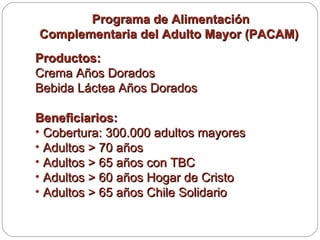 Programa de Alimentación  Complementaria del Adulto Mayor (PACAM) Productos: Crema Años Dorados Bebida Láctea Años Dorados Beneficiarios: Cobertura: 300.000 adultos mayores Adultos > 70 años Adultos > 65 años con TBC Adultos > 60 años Hogar de Cristo Adultos > 65 años Chile Solidario 