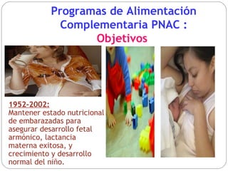 Programas de Alimentación Complementaria PNAC :  Objetivos  1952-2002: Mantener estado nutricional de embarazadas para asegurar desarrollo fetal armónico, lactancia materna exitosa, y crecimiento y desarrollo normal del niño. 