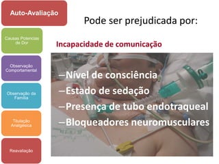 Auto-Avaliação
                          Pode ser prejudicada por:
Causas Potencias
    de Dor
                   Incapacidade de comunicação

  Observação

                   –Nível de consciência
Comportamental




Observação da
   Família
                   –Estado de sedação
                   –Presença de tubo endotraqueal
   Titulação
  Analgésica       –Bloqueadores neuromusculares

  Reavaliação
 