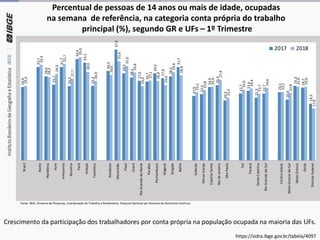 Percentual de pessoas de 14 anos ou mais de idade, ocupadas
na semana de referência, na categoria conta própria do trabalho
principal (%), segundo GR e UFs – 1º Trimestre
Crescimento da participação dos trabalhadores por conta própria na população ocupada na maioria das UFs.
Fonte: IBGE, Diretoria de Pesquisas, Coordenação de Trabalho e Rendimento, Pesquisa Nacional por Amostra de Domicílios Contínua
https://sidra.ibge.gov.br/tabela/4097
24,9
31,7
28,5
25,7
31,7
25,2
34,4
33,1
25,3
30,3
37,6
29,5
28,1
27,0
26,7
29,5
27,9
28,5
31,7
21,9
22,5
24,9
25,5
20,3
22,7
23,6
21,3
22,7
23,1
20,6
25,3
24,7
19,3
25,3
32,4
28,3
29,3
32,7
27,7
35,0
30,0
26,9
29,0
33,6
32,0
29,8
25,2
27,1
26,9
25,6
29,9
28,9
23,1
23,8
25,0
27,4
21,2
24,0
24,4
22,7
24,6
23,2
22,8
25,0
25,0
17,6
Brasil
Norte
Rondônia
Acre
Amazonas
Roraima
Pará
Amapá
Tocantins
Nordeste
Maranhão
Piauí
Ceará
RioGrandedoNorte
Paraíba
Pernambuco
Alagoas
Sergipe
Bahia
Sudeste
MinasGerais
EspíritoSanto
RiodeJaneiro
SãoPaulo
Sul
Paraná
SantaCatarina
RioGrandedoSul
Centro-Oeste
MatoGrossodoSul
MatoGrosso
Goiás
DistritoFederal
2017 2018
 