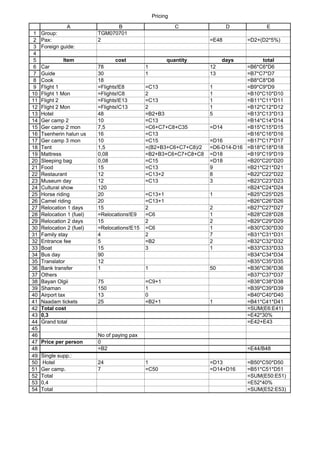 Pricing
1
2
3
4
5
6
7
8
9
10
11
12
13
14
15
16
17
18
19
20
21
22
23
24
25
26
27
28
29
30
31
32
33
34
35
36
37
38
39
40
41
42
43
44
45
46
47
48
49
50
51
52
53
54
A B C D E
Group: TGM070701
Pax: 2 =E48 =D2+(D2*5%)
Foreign guide:
Item cost quantity days total
Car 78 1 12 =B6*C6*D6
Guide 30 1 13 =B7*C7*D7
Cook 18 =B8*C8*D8
Flight 1 =Flights!E8 =C13 1 =B9*C9*D9
Flight 1 Mon =Flights!C8 2 1 =B10*C10*D10
Flight 2 =Flights!E13 =C13 1 =B11*C11*D11
Flight 2 Mon =Flights!C13 2 1 =B12*C12*D12
Hotel 48 =B2+B3 5 =B13*C13*D13
Ger camp 2 10 =C13 =B14*C14*D14
Ger camp 2 mon 7,5 =C6+C7+C8+C35 =D14 =B15*C15*D15
Tsenherin halun us 16 =C13 =B16*C16*D16
Ger camp 3 mon 10 =C15 =D16 =B17*C17*D17
Tent 1,5 =(B2+B3+C6+C7+C8)/2 =D6-D14-D16 =B18*C18*D18
Mattress 0,08 =B2+B3+C6+C7+C8+C8 =D18 =B19*C19*D19
Sleeping bag 0,08 =C15 =D18 =B20*C20*D20
Food 15 =C13 9 =B21*C21*D21
Restaurant 12 =C13+2 8 =B22*C22*D22
Museum day 12 =C13 3 =B23*C23*D23
Cultural show 120 =B24*C24*D24
Horse riding 20 =C13+1 1 =B25*C25*D25
Camel riding 20 =C13+1 =B26*C26*D26
Relocation 1 days 15 2 2 =B27*C27*D27
Relocation 1 (fuel) =Relocations!E9 =C6 1 =B28*C28*D28
Relocation 2 days 15 2 2 =B29*C29*D29
Relocation 2 (fuel) =Relocations!E15 =C6 1 =B30*C30*D30
Family stay 4 2 7 =B31*C31*D31
Entrance fee 5 =B2 2 =B32*C32*D32
Boat 15 3 1 =B33*C33*D33
Bus day 90 =B34*C34*D34
Translator 12 =B35*C35*D35
Bank transfer 1 1 50 =B36*C36*D36
Others =B37*C37*D37
Bayan Olgii 75 =C9+1 =B38*C38*D38
Shaman 150 1 =B39*C39*D39
Airport tax 13 0 =B40*C40*D40
Naadam tickets 25 =B2+1 1 =B41*C41*D41
Total cost =SUM(E6:E41)
0,3 =E42*30%
Grand total =E42+E43
No of paying pax
Price per person 0
=B2 =E44/B48
Single supp.:
Hotel 24 1 =D13 =B50*C50*D50
Ger camp. 7 =C50 =D14+D16 =B51*C51*D51
Total =SUM(E50:E51)
0,4 =E52*40%
Total =SUM(E52:E53)
 