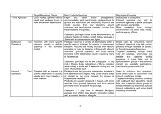 5
Target Markets or Clients Main Products/Services Distribution Channels
Travel Agencies Mass market, general interest
travel and package travel to
more well known destinations
Flight and other travel arrangements,
accommodation and event tickets, package tours for
groups and individuals (for outbound). Products are
mostly sourced from tour operators, ground
operators, and local service providers, but also from
travel resellers and portals.
Examples: package cruise in the Mediterranean, all
inclusive holiday in Turkey, beach holiday package in
Spain with accommodation and flights.
Direct sales to consumers.
Inbound agencies may sell to
outbound agencies or place packages
with resellers and portals.
Mass marketing done through
advertisement via direct mail, media,
and via agency offices.
Outbound Tour
Operators
Travelers with more specific
interests, usually a defined
audience in the domestic
market.
Package travel to a variety of destinations within a
specific area of interest, for groups or independent
travelers. Products are mostly sourced from inbound
operators, or may be designed in house with inbound
operators, ground operators, and local service
providers in the destination country supplying many
of the services.
Examples: package tour to the Galapogos, 12 day
trek in Bhutan, 9 day cultural tour of China, volunteer
work holiday in India with 2 weeks of touring and one
week of volunteer work.
Direct sales to consumers. Some
outbound operators may sell certain
products through resellers or portals,
or through specialized agencies.
Targeted marketing through direct
mail (of catalogs, brochures), via
website and customer loyalty
programs, at travel fairs, and to
special interest groups in the domestic
market via specialty publications,
membership groups and clubs.
Inbound Tour
Operators
Travelers with an interest in a
specific destination or activity,
usually long haul travelers in
other markets.
Package travel for groups or independent travelers in
one destination or a region, may cover several areas
of interest or be more focused, for groups or
independent travelers.
Products are usually designed in house, with some
services from ground operators and local service
providers resold as part of the package.
Examples: 12 day trek in Western Mongolia,
package tour of the Gobi Desert, homestay holiday
with a nomadic family in Mongolia.
Sales to outbound tour operators,
some direct sales to consumers and
through resellers or portals.
Targeted marketing via direct contacts
with outbound tour operators, travel
fairs, and to special interest groups in
foreign markets via direct mail, special
interest publications, and some direct
marketing via website.
 