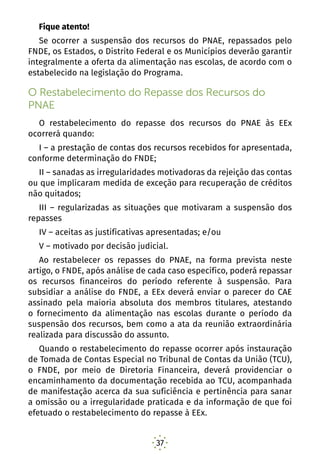37
Fique atento!
Se ocorrer a suspensão dos recursos do PNAE, repassados pelo
FNDE, os Estados, o Distrito Federal e os Municípios deverão garantir
integralmente a oferta da alimentação nas escolas, de acordo com o
estabelecido na legislação do Programa.
O Restabelecimento do Repasse dos Recursos do
PNAE
O restabelecimento do repasse dos recursos do PNAE às EEx
ocorrerá quando:
I – a prestação de contas dos recursos recebidos for apresentada,
conforme determinação do FNDE;
II – sanadas as irregularidades motivadoras da rejeição das contas
ou que implicaram medida de exceção para recuperação de créditos
não quitados;
III – regularizadas as situações que motivaram a suspensão dos
repasses
IV – aceitas as justificativas apresentadas; e/ou
V – motivado por decisão judicial.
Ao restabelecer os repasses do PNAE, na forma prevista neste
artigo, o FNDE, após análise de cada caso específico, poderá repassar
os recursos financeiros do período referente à suspensão. Para
subsidiar a análise do FNDE, a EEx deverá enviar o parecer do CAE
assinado pela maioria absoluta dos membros titulares, atestando
o fornecimento da alimentação nas escolas durante o período da
suspensão dos recursos, bem como a ata da reunião extraordinária
realizada para discussão do assunto.
Quando o restabelecimento do repasse ocorrer após instauração
de Tomada de Contas Especial no Tribunal de Contas da União (TCU),
o FNDE, por meio de Diretoria Financeira, deverá providenciar o
encaminhamento da documentação recebida ao TCU, acompanhada
de manifestação acerca da sua suficiência e pertinência para sanar
a omissão ou a irregularidade praticada e da informação de que foi
efetuado o restabelecimento do repasse à EEx.
 