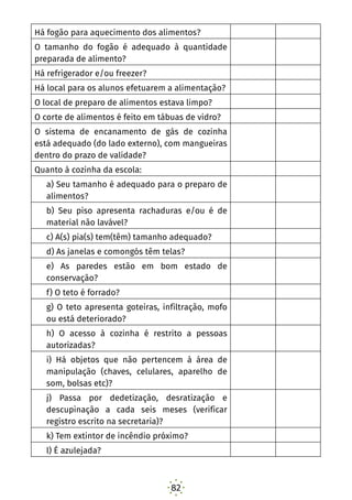 82
Há fogão para aquecimento dos alimentos?
O tamanho do fogão é adequado à quantidade
preparada de alimento?
Há refrigerador e/ou freezer?
Há local para os alunos efetuarem a alimentação?
O local de preparo de alimentos estava limpo?
O corte de alimentos é feito em tábuas de vidro?
O sistema de encanamento de gás de cozinha
está adequado (do lado externo), com mangueiras
dentro do prazo de validade?
Quanto à cozinha da escola:
a) Seu tamanho é adequado para o preparo de
alimentos?
b) Seu piso apresenta rachaduras e/ou é de
material não lavável?
c) A(s) pia(s) tem(têm) tamanho adequado?
d) As janelas e comongós têm telas?
e) As paredes estão em bom estado de
conservação?
f) O teto é forrado?
g) O teto apresenta goteiras, infiltração, mofo
ou está deteriorado?
h) O acesso à cozinha é restrito a pessoas
autorizadas?
i) Há objetos que não pertencem à área de
manipulação (chaves, celulares, aparelho de
som, bolsas etc)?
j) Passa por dedetização, desratização e
descupinação a cada seis meses (verificar
registro escrito na secretaria)?
k) Tem extintor de incêndio próximo?
l) É azulejada?
 
