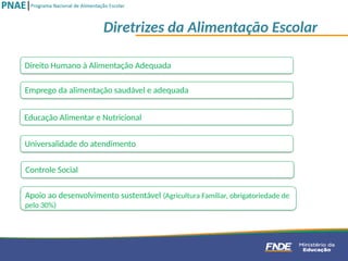 Emprego da alimentação saudável e adequada
Educação Alimentar e Nutricional
Universalidade do atendimento
Controle Social
Apoio ao desenvolvimento sustentável (Agricultura Familiar, obrigatoriedade de
pelo 30%)
Direito Humano à Alimentação Adequada
Diretrizes da Alimentação Escolar
 
