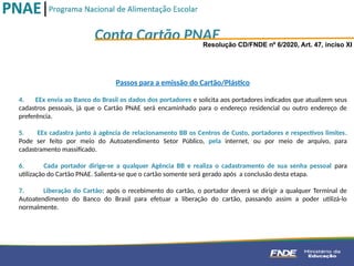 Conta Cartão PNAE
Resolução CD/FNDE nº 6/2020, Art. 47, inciso XI
Passos para a emissão do Cartão/Plástico
4. EEx envia ao Banco do Brasil os dados dos portadores e solicita aos portadores indicados que atualizem seus
cadastros pessoais, já que o Cartão PNAE será encaminhado para o endereço residencial ou outro endereço de
preferência.
5. EEx cadastra junto à agência de relacionamento BB os Centros de Custo, portadores e respectivos limites.
Pode ser feito por meio do Autoatendimento Setor Público, pela internet, ou por meio de arquivo, para
cadastramento massificado.
6. Cada portador dirige-se a qualquer Agência BB e realiza o cadastramento de sua senha pessoal para
utilização do Cartão PNAE. Salienta-se que o cartão somente será gerado após a conclusão desta etapa.
7. Liberação do Cartão: após o recebimento do cartão, o portador deverá se dirigir a qualquer Terminal de
Autoatendimento do Banco do Brasil para efetuar a liberação do cartão, passando assim a poder utilizá-lo
normalmente.
 