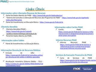 Clientela Atendida
 Clientela Atendida (PNAE) -
https://www.fnde.gov.br/caeweb
/publico/relatorioDelegacaoEstadual.do;
 Portal de Dados Abertos do FNDE.
 Painel de Investimentos na Educação Básica.
Informações sobre Saldos
Links Úteis
 Painel de Dados Abertos do FNDE - http://www.fnde.gov.br/dadosabertos/
 “Sistema de Consultas à Liberação de Recursos dos Programas do FNDE” - https://www.fnde.gov.br/sigefweb/
index.php/liberações
 Painel de Investimento na Educação Básica - https://www.gov.br/fnde/pt-br
Informações sobre Liberação/Repasse de Recursos
Informações Devolução de Recursos/Débitos
 Emissão de GRU -
https://www.gov.br/fnde/pt-br/consultas-online/
gru-devolucao-de-saldos-e-debitos-apurados
 Atualização monetária (Sistema Débito – TCU) -
https://contas.tcu.gov.br/debito/Web/Debito/Cal
culoDeDebito.faces
Serviços da Execução Financeira do PNAE
 Carta de Serviços do FNDE -
https://www.gov.br/pt-br/orgaos/fundo-nacion
al-de-desenvolvimento-da-educacao
Informações sobre Cartão PNAE
 Cartão PNAE -
https://www.gov.br/fnde/pt-br/acesso-a-infor
macao/acoes-e-programas/programas/pnae/c
artao-pnae-area-gestor
Informe Recursos PNAE
 Informe Recursos PNAE -
https://www.gov.br/fnde/pt-br/acesso-a
-informacao/acoes-e-programas/progra
mas/pnae/informe-recursos-pnae
 