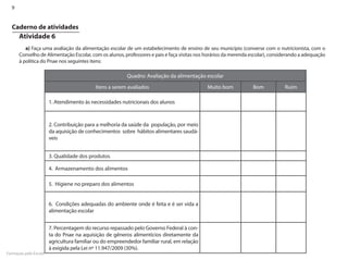 9


  Caderno de atividades
      Atividade 6
         a) Faça uma avaliação da alimentação escolar de um estabelecimento de ensino de seu município (converse com o nutricionista, com o
      Conselho de Alimentação Escolar, com os alunos, professores e pais e faça visitas nos horários da merenda escolar), considerando a adequação
      à política do Pnae nos seguintes itens:

                                                         Quadro: Avaliação da alimentação escolar
                                           Itens a serem avaliados                          Muito bom           Bom            Ruim

                       1. Atendimento às necessidades nutricionais dos alunos



                       2. Contribuição para a melhoria da saúde da população, por meio
                       da aquisição de conhecimentos sobre hábitos alimentares saudá-
                       veis


                       3. Qualidade dos produtos

                       4. Armazenamento dos alimentos

                       5. Higiene no preparo dos alimentos


                       6. Condições adequadas do ambiente onde é feita e é ser vida a
                       alimentação escolar


                       7. Percentagem do recurso repassado pelo Governo Federal à con-
                       ta do Pnae na aquisição de gêneros alimentícios diretamente da
                       agricultura familiar ou do empreendedor familiar rural, em relação
                       à exigida pela Lei nº 11.947/2009 (30%).
Formação pela Escola
 