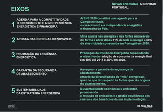 NOVAS ENERGIAS A INSPIRAR
                                                            PORTUGAL.
EIXOS
    AGENDA PARA A COMPETITIVIDADE,    A ENE 2020 constitui uma agenda para a
                                      Competitividade,
1   O CRESCIMENTO E A INDEPENDÊNCIA
    ENERGÉTICA E FINANCEIRA           o crescimento e a independência energética
                                      e financeira do País.

                                      Uma aposta nas energias e nas fontes renováveis
2 APOSTA NAS ENERGIAS RENOVÁVEIS      de forma a obter delas 31% de toda a energia e 60%
                                      da electricidade consumida em Portugal em 2020.


                                      Promoção da Eficiência Energética consolidando
3   PROMOÇÃO DA EFICIÊNCIA
    ENERGÉTICA                        o objectivo de redução de consumo da energia final
                                      em 10% até 2015 e 20% em 2020.


                                      Assegurar a garantia da segurança de
4   GARANTIA DA SEGURANÇA
    DE ABASTECIMENTO                  abastecimento
                                      através da diversificação do “mix” energético,
                                      quer no que diz respeito às fontes quer às origens
                                      do abastecimento.
                                      Sustentabilidade económica e ambiental,
5 SUSTENTABILIDADE
  DA ESTRATÉGIA ENERGÉTICA            promovendo
                                      a redução de emissões e a gestão equilibrada dos
                                      custos e dos benefícios da sua implementação.


                                                                                           20
 