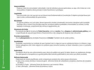 Impessoalidade
                                           	  Propiciar o bem da comunidade/ coletividade e não de indivíduos pessoas particulares, ou seja, o fim é deve ser o inte		
                                           	  resse público. O objetivo desse princípio é evitar favoritismos e privilégios;

                                           Legalidade
                                           	  Estar de acordo com a lei, que por sua vez deverá estar fundamentada na Constituição. O objetivo principal desse prin		
                                           	  cípio é evitar a arbitrariedade dos governantes;

                                           Moralidade
                                           	  Os agentes públicos, em suas ações, devem apresentar virtudes consideradas necessárias/ desejáveis pela sociedade 		
                                           	  (exemplo: ética e moral). Esse princípio exige dos servidores públicos probidade e honestidade na conduta, e ainda, 		
                                           	  lealdade à instituição, cumprimento das normas e regulamentos, etc.

                                           Orçamento da União
                                             Formalizado por lei de iniciativa do Poder Executivo, estima a receita e fixa a despesa da administração pública, com
                                             a especificação de suas principais fontes e financiamentos e das categorias de despesas mais relevantes.

                                           Previsão orçamentária
                                             Ato de planejamento das atividades financeiras do Estado. É também ato de caráter jurídico.
Programa Nacional de Alimentação Escolar




                                           Potabilidade
                                             Qualidade, característica ou condição do que é potável, isto é, a água em que as substâncias tóxicas e os fatores e orga-
                                             nismos patogênicos têm níveis seguros ou aceitáveis para consumo humano, ou foram reduzidos a isso e é, portanto,
                                             saudável;

                                           Publicidade
                                             Divulgação oficial dos atos administrativos para ciência do público em geral. Os dados devem ser amplamente divulga-
                                             dos, para garantir a transparência na gestão pública.Não havendo publicidade os atos terão seus efeitos anulados;

                                           Refeição balanceada
                                             Organizada de maneira equilibrada, sendo composta por produtos dos vários grupos alimentares:
                                             a)	 pães, arroz, cereais, farinhas e massas em geral – alimentos fontes de carboidratos complexos, vitaminas do complexo
                                                 B e fibras;
                                             b)	hortaliças e frutas – alimentos fontes de vitaminas e sais minerais e fibras;
                                             c)	 leite e derivados – alimentos fontes de proteína e cálcio;
134
 