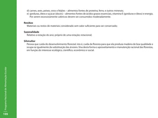 d)	carnes, aves, peixes, ovos e feijões – alimentos fontes de proteína, ferro, e outros minerais;
                                             e)	 gorduras, óleos e açúcar (doces) – alimentos fontes de ácidos graxos essenciais, vitamina E (gorduras e óleos) e energia.
                                                 Por serem excessivamente calóricos devem ser consumidos moderadamente.

                                           Resíduo
                                             Materiais ou restos de materiais considerado sem valor suficiente para ser conservado;

                                           Sazonalidade
                                             Relativo a estação do ano; próprio de uma estação; estacional;

                                           Silvicultor
                                              Pessoa que cuida do desenvolvimento florestal, isto é, cuida da floresta para que ela produza madeira de boa qualidade e
                                              ocupa-se igualmente da substituição das árvores. Visa desta forma o aproveitamento e manutenção racional das florestas,
                                              em função do interesse ecológico, científico, econômico e social.
Programa Nacional de Alimentação Escolar




135
 