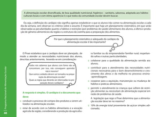 A alimentação escolar diversificada, de boa qualidade nutricional, higiênico – sanitário, saborosa, adaptada aos hábitos
                                              culturais locais e com ótima aparência é o que todos da comunidade escolar devem buscar.

                                              Ou seja, a definição do cardápio não significa apenas estabelecer o que os alunos irão comer na alimentação escolar a cada
                                           dia da semana, sem observar os critérios sobre o assunto. É importante que haja um planejamento sistemático, em que serão
                                           observadas as peculiaridades quanto a hábitos e restrições (por problemas de saúde) alimentares dos alunos, a oferta e produ-
                                           ção de gêneros alimentícios da região e a estrutura da cozinha para a preparação dos alimentos.

                                                                                Por que o planejamento sistemático e adequado do cardápio da
                                                                                             alimentação escolar é tão importante?



                                             O Pnae estabelece que o cardápio deve ser planejado, de             ra familiar ou do empreendedor familiar rural, respeitan-
                                           modo a atender as necessidades nutricionais dos alunos,               do safras e outras particularidades;
                                           descritas anteriormente, levando-se em consideração:                ::	 colaborar para a qualidade da alimentação servida aos
                                                                                                                   alunos;
                                                     Todos nós sabemos que alunos com fome não se
                                                                                                               ::	 contribuir para o atendimento das necessidades nutri-
Programa Nacional de Alimentação Escolar




                                                     concentram, por isso, não conseguem aprender
                                                                       não é mesmo?                                cionais necessárias para o bom desenvolvimento e cres-
                                                     Que outros cuidados devem ser tomados na prepa-               cimento dos alinos e da melhoria no processo ensino-
                                                                ração da alimentação escolar?                      -aprendizagem;
                                                     Quais as regras que deverão ser obersvadas na pre-        ::	 cooperar para a aquisição, manutenção ou mudança de
                                                                  paração desses cardápios?
                                                                                                                   hábitos e práticas alimentares;
                                                                                                               ::	 permitir o atendimento às crianças que sofrem de restri-
                                                                                                                   ção alimentar ou necessitam de alimentação especial em
                                             A resposta é simples. O cardápio é o documento que
                                                                                                                   razão de problemas de saúde.
                                             deve:
                                                                                                               	 A legislação que rege o Pnae determina que a alimenta-
                                           ::	 conduzir o processo de compra dos produtos a serem uti-           ção escolar deve ter no máximo?
                                               lizados na alimentação escolar;
                                                                                                               ::	 10% de energia total proveniente de açúcar simples adi-
                                           ::	 estar de acordo com os hábitos alimentares e a vocação              cionado;
                                               agrícola da região, considerando a produção da agricultu-
40
 