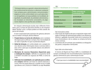 des
                                              “A licitação destina-se a garantir a observância do princí-     Quadro 3 - Modalidades de Contratação
                                              pio constitucional da isonomia e a selecionar a proposta
                                              mais vantajosa para a administração e será processada e                                        Valor estimado da
                                                                                                               Modalidade
                                              julgada em estrita conformidade com os princípios bási-                                        contratação (R$)
                                              cos da legalidade, da impessoalidade, da moralidade, da
                                                                                                               Convite                       até 80.000,00
                                              igualdade, da publicidade, da probidade administrativa,
                                              da vinculação ao instrumento convocatório, do julga-             Tomada de preços              até 650.000,00
                                              mento objetivo e dos que lhes são correlatos.”
                                                                                                               Concorrência                  acima de 650.000,00
                                              Em relação à alimentação escolar, não é diferente. Entre-        Pregão eletrônico             menor preço
                                           tanto, para a compra da agricultura familiar ou do empreen-
                                           dedor familiar rural, a compra poderá ser feita usando dis-
                                           pensa de licitação.                                                    São necessários ainda:
                                              O setor responsável pela aquisição dos gêneros alimentí-        ::	 observação da exigência de que as aquisições sejam reali-
                                           cios ao realizar a licitação, deverá elaborar:                         zadas no âmbito da administração pública com eficiência,
                                                                                                                  eficácia e agilidade, buscando meios de se preservar de
                                           1.	 Projeto básico ou termo de referência: será o condutor
                                                                                                                  maus fornecedores e de se realizar as compras de forma
                                               das regras para se efetuar a compra. Daí a necessidade de
Programa Nacional de Alimentação Escolar




                                                                                                                  menos onerosa;
                                               ser claro e específico no que se pretende adquirir.
                                                                                                              ::	 a assinatura de um contrato, que estabelece as obrigações
                                           2.	 Edital de licitação, em conformidade com o projeto bá-             das partes: comprador e fornecedor.
                                               sico: deverá conter informações claras e concisas sobre o
                                               que, como e para que se pretende realizar uma determi-
                                               nada compra.                                                     Aqui cabe uma observação:
                                           3.	 Montante de recursos financeiros disponíveis para                O Sistema de Registro de Preços (SRP) é a modalidade de
                                               a realização da compra: definido no orçamento da EE            compra considerada mais recomendável para a aquisição de
                                               e também vinculado aos repasses do FNDE, à conta do            gêneros alimentícios para a alimentação escolar.
                                               Pnae.
                                           4.	 Definição da modalidade a ser aplicada para se efetu-               E por que essa é a modalidade mais recomendada?
                                               ar a compra: definida com base no volume total de re-
                                               cursos. Para isso, basta observar o contido na Lei nº 9.648,
                                               que alterou o art. 23 da Lei nº 8.666/93, ou seja: Modalida-
77
 