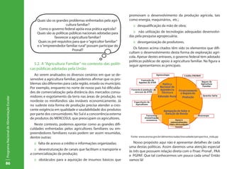 promovam o desenvolvimento da produção agrícola, tais
                                               Quais são os grandes problemas enfrentados pela agri-       como energia, maquinários, etc.;
                                                                   cultura familiar?                         :: desqualificação da mão de obra;
                                                Como o governo federal apóia essa prática agrícola?
                                               Quais são as políticas públicas nacionais adotadas para       :: não utilização de tecnologias adequadas desenvolvi-
                                                           favorecer a agricultura familiar?               das pela pesquisa agropecuária;
                                                Quais os pré requisitos para que o “agricultor familiar”     :: desorganização de produtores.
                                               e o “empreendedor familiar rural” possam participar do
                                                                                                              Os fatores acima citados têm sido os elementos que difi-
                                                                        Pronaf?
                                                                                                           cultam o desenvolvimento desta forma de exploração agrí-
                                                                                                           cola. Apesar destes entraves, o governo federal tem adotado
                                                                                                           políticas públicas de apoio à agricultura familiar. Na figura a
                                             5.2. A “Agricultura Familiar” no contexto das políti-         seguir apresentamos as principais.
                                           cas públicas adotadas pela União
                                              Ao serem analisados os diversos cenários em que se de-
                                           senvolve a agricultura familiar, podemos afirmar que os pro-
                                           blemas são diferentes para cada região, estado ou município.
                                           Por exemplo, enquanto no norte de nosso país há dificulda-
                                           des de comercialização pela distância dos mercados consu-
                                           midores e esgotamento da terra nas áreas de produção, no
Programa Nacional de Alimentação Escolar




                                           nordeste os minifúndios são inviáveis economicamente. Já
                                           no sudeste esta forma de produção precisa atender a cres-
                                           cente exigência em qualidade e saudabilidade dos produtos
                                           por parte dos consumidores. No Sul é a concorrência externa
                                           de produtos do MERCOSUL que preocupam os agricultores.                                                   `
                                              Neste contexto, podemos apontar como as grandes difi-
                                           culdades enfrentadas pelos agricultores familiares ou em-
                                           preendedores familiares rurais podem ser assim resumidas,
                                           dentre outras:                                                   Fonte: www.anvisa.gov.br/alimentos/aulas/inocuidade/perspectiva_mda.pp

                                             :: falta de acesso a crédito e informações organizadas;          Nosso propósito aqui não é apresentar detalhes de cada
                                                                                                           uma destas políticas. Assim daremos uma atenção especial
                                              :: desestruturação de canais que facilitam o transporte e    às três que possuem relação direta com o Pnae: Pronaf , PAA
                                           a comercialização da produção;                                  e PGPAF. Que tal conhecermos um pouco cada uma? Então
                                             :: obstáculos para a aquisição de insumos básicos que         vamos lá!
86
 
