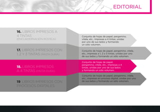 EDITORIAL
16. LIBROS IMPRESOS A
4 TINTAS
(ENCUADERNACIÓN RÚSTICA)
17. LIBROS IMPRESOS CON
1, 2 Y 3 TINTAS (PASTA DURA)
19. LIBROS IMPRESOS CON
PROCESOS DIGITALES
18. LIBROS IMPRESOS
A 4 TINTAS (PASTA DURA).
Conjunto de hojas de papel, pergamino,
vitela, etc., impresas a 4 tintas, unidas
por uno de sus lados y formando
un sólo volumen.
Conjunto de hojas de papel,
pergamino, vitela, etc., impresas a 4
tintas, unidas por uno de sus lados
y formando un sólo volumen.
Conjunto de hojas de papel, pergamino, vitela,
etc., impresas a 1, 2 o 3 tintas, unidas por uno
de sus lados y formando un sólo volumen.
Conjunto de hojas de papel, pergamino, vitela,
etc., impresas en proceso digital, unidas por uno
de sus lados y formando un sólo volumen.
 