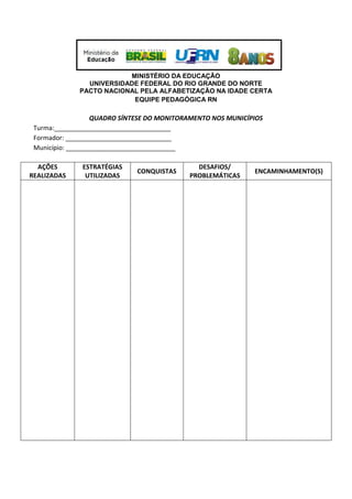 MINISTÉRIO DA EDUCAÇÃO
UNIVERSIDADE FEDERAL DO RIO GRANDE DO NORTE
PACTO NACIONAL PELA ALFABETIZAÇÃO NA IDADE CERTA
EQUIPE PEDAGÓGICA RN
QUADRO SÍNTESE DO MONITORAMENTO NOS MUNICÍPIOS
Turma:_________________________________
Formador: ______________________________
Município: _______________________________
AÇÕES
REALIZADAS
ESTRATÉGIAS
UTILIZADAS
CONQUISTAS
DESAFIOS/
PROBLEMÁTICAS
ENCAMINHAMENTO(S)
 