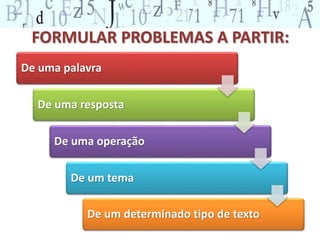 FORMULAR PROBLEMAS A PARTIR: 
De uma palavra 
De uma resposta 
De uma operação 
De um tema 
De um determinado tipo de texto 
 