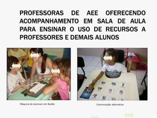 PROFESSORAS DE AEE OFERECENDO
ACOMPANHAMENTO EM SALA DE AULA
PARA ENSINAR O USO DE RECURSOS A
PROFESSORES E DEMAIS ALUNOS
Máquina de escrever em Braille Comunicação alternativa
 