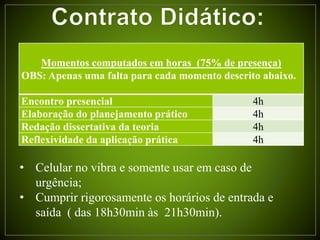 Momentos computados em horas (75% de presença)
OBS: Apenas uma falta para cada momento descrito abaixo.
Encontro presencial 4h
Elaboração do planejamento prático 4h
Redação dissertativa da teoria 4h
Reflexividade da aplicação prática 4h
• Celular no vibra e somente usar em caso de
urgência;
• Cumprir rigorosamente os horários de entrada e
saída ( das 18h30min às 21h30min).
 