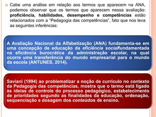 Cabe uma análise em relação aos termos que aparecem na ANA,
podemos observar que os termos que aparecem nessa avaliação:
proficiência, habilidades, desempenho e competências estão
relacionados com a “Pedagogia das competências”, fato que nos leva
as seguintes inferências:
A Avaliação Nacional da Alfabetização (ANA) fundamenta-se em
uma concepção de educação da eficiência socialfundamentada
na eficiência burocrática da administração escolar, na qual
ocorre uma transferência do mundo empresarial para o mundo
da escola (ANTUNES, 2014).
Saviani (1994) ao problematizar a noção de currículo no contexto
da Pedagogia das competências, mostra que o termo está ligado
às ideias de controle do processo pedagógico, estabelecimento
de prioridades segundo as finalidades da educação, ordenação,
sequenciação e dosagem dos conteúdos de ensino.
 