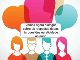 Vamos agora dialogar
sobre as respostas dadas
às questões na atividade
anterior.
 