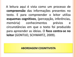ABORDAGEM COGNITIVISTA
A leitura aqui é vista como um processo de
compreensão das informações presentes no
texto. E para compreender o leitor utiliza
esquemas cognitivos, (percepção, inferências,
memória) conhecimentos prévios e
circunstâncias em que o texto foi produzido
para apreender as ideias. O foco centra-se no
leitor (GONTIJO, SCHWARTZ, 2009).
GONTIJO; SCHWARTZ, 2009
 
