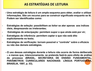 AS ESTRATÉGIAS DE LEITURA
GONTIJO; SCHWARTZ, 2009
- Uma estratégia de leitura é um amplo esquema para obter, avaliar e utilizar
informações. São um recurso para se construir significado enquanto se lê.
Podem ser identificadas como:
• Estratégias de seleção: possibilitam ao leitor se ater apenas aos índices
úteis, desprezando os irrelevantes;
• Estratégias de antecipação: permitem supor o que ainda está por vir;
• Estratégias de inferência: permitem captar o que não está dito
explicitamente no texto;
• Estratégias de verificação: tornam possível o “controle” sobre a eficácia
ou não das demais estratégias.
- O uso dessas estratégias durante a leitura não ocorre de forma deliberada
– a menos que, intencionamente, se pretenda fazê-lo para efeito de análise
do processo (BRASIL, SECRETARIA DE ENSINO FUNDAMENTAL.
PARÂMETROS CURRICULARES NACIONAIS: LÍNGUA PORTUGUESA,
BRASÍLIA, 1997, p. 53).
 