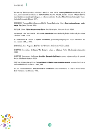 18
cade r no 1
MOREIRA, Antonio Flávio Barbosa; CANDAU, Vera Maria. Indagações sobre currículo: currí-
culo, conhecimento e cultura. In: BEAUCHAMP, Janete; PAGEL, Sandra Denise; NASCIMENTO,
Aricélia Ribeiro do (Org.). Indagações sobre o currículo. Brasília: Ministério da Educação, Secre-
taria de Educação Básica, 2007.
MOREIRA, Antonio Flávio Barbosa; SILVA, Tomaz Tadeu da. (Org.). Currículo, cultura e socie-
dade. São Paulo: Cortez, 1994.
MORIN, Edgar. Ciência com consciência. Rio de Janeiro: Bertrand Brasil, 1996.
OLIVEIRA, Inês Barbosa de. Currículos praticados: entre a regulação e a emancipação. Rio de
Janeiro: DP&A, 2003.
NAJMANOVICH, Denise. O sujeito encarnado: questões para pesquisa no/do cotidiano. Rio
de Janeiro: DP&A, 2001.
PACHECO, José Augusto. Escritos curriculares. São Paulo: Cortez, 2005.
SANTOS, Boaventura de Souza. Um discurso sobre as ciências. Porto: Edições Afrontamento,
1989.
SANTOS, Boaventura de Souza. A crítica da razão indolente: contra o desperdício da experi-
ência. São Paulo: Cortez, 2000.
SANTOS, Boaventura de Souza. Conhecimento prudente para uma vida decente: um discurso sobre as
ciências revisitado. São Paulo: Cortez, 2004.
SILVA, Tomaz Tadeu da. Documentos de identidade: uma introdução às teorias do currículo.
Belo Horizonte: Autêntica, 1999.
 