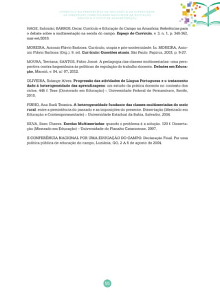 55
Currículo na perspectiva da inclusão e da diversidade:
as diretrizes curriculares nacionais da educação
básica e o ciclo de alfabetização
HAGE, Salomão; BARROS, Oscar. Currículo e Educação do Campo na Amazônia: Referências para
o debate sobre a multisseriação na escola do campo. Espaço do Currículo, v. 3, n. 1, p. 348-362,
mar-set/2010.
MOREIRA, Antonio Flávio Barbosa. Currículo, utopia e pós-modernidade. In: MOREIRA, Anto-
nio Flávio Barbosa (Org.). 9. ed. Currículo: Questões atuais. São Paulo: Papirus, 2003, p. 9-27.
MOURA, Terciana; SANTOS, Fábio Josué. A pedagogia das classes multisseriadas: uma pers-
pectiva contra-hegemônica às políticas de regulação do trabalho docente. Debates em Educa-
ção, Maceió, v. 04, n.o
07, 2012.
OLIVEIRA, Solange Alves. Progressão das atividades de Língua Portuguesa e o tratamento
dado à heterogeneidade das aprendizagens: um estudo da prática docente no contexto dos
ciclos. 446 f. Tese (Doutorado em Educação) – Universidade Federal de Pernambuco, Recife,
2010.
PINHO, Ana Sueli Teixeira. A heterogeneidade fundante das classes multisseriadas do meio
rural: entre a persistência do passado e as imposições do presente. Dissertação (Mestrado em
Educação e Contemporaneidade) – Universidade Estadual da Bahia, Salvador, 2004.
SILVA, Ilsen Chaves. Escolas Multisseriadas: quando o problema é a solução. 120 f. Disserta-
ção (Mestrado em Educação) – Universidade do Planalto Catarinense, 2007.
II CONFERÊNCIA NACIONAL POR UMA EDUCAÇÃO DO CAMPO. Declaração Final. Por uma
política pública de educação do campo, Luziânia, GO, 2 A 6 de agosto de 2004.
 
