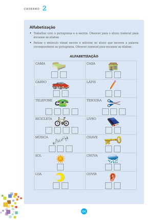 64
cade r n o 2
CAMA CASA
CARRO LÁPIS
TELEFONE TESOURA
BICICLETA LIVRO
MÚSICA CHAVE
SOL CHUVA
LUA OUVIR
Alfabetização
	Trabalhar com o pictograma e a escrita. Oferecer para o aluno material para•	
encaixar as sílabas.
	Retirar o estímulo visual escrito e solicitar ao aluno que escreva a palavra•	
correspondente ao pictograma. Oferecer material para encaixar as sílabas.
ALFABETIZAÇÃO
 