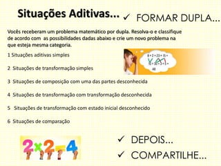 Situações Aditivas...
1 Situações aditivas simples
2 Situações de transformação simples
3 Situações de composição com uma das partes desconhecida
4 Situações de transformação com transformação desconhecida
5 Situações de transformação com estado inicial desconhecido
6 Situações de comparação
Vocês receberam um problema matemático por dupla. Resolva-o e classifique
de acordo com as possibilidades dadas abaixo e crie um novo problema na
que esteja mesma categoria.
 DEPOIS...
 COMPARTILHE...
 FORMAR DUPLA...
 