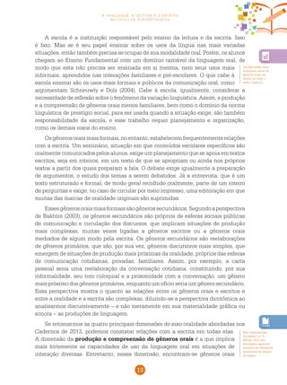 13
a oralidade, a leitura e a escrita
no ciclo de alfabetização
Ver discussão mais
detalhada sobre os
gêneros orais na
escola no texto 2
deste Caderno.
Nos cadernos das
Unidades 1 e 2 /
pnaic 2013 são
abordados aspectos
relativos às diferentes
dimensões do ensino
da língua.
A escola é a instituição responsável pelo ensino da leitura e da escrita. Isso
é fato. Mas se é seu papel ensinar sobre os usos da língua nas mais variadas
situações, então também precisa se ocupar de sua modalidade oral. Porém, os alunos
chegam ao Ensino Fundamental com um domínio razoável da linguagem oral, de
modo que esta não precisa ser ensinada em si mesma, nem seus usos mais
informais, aprendidos nas interações familiares e pré-escolares. O que cabe à
escola ensinar são os usos mais formais e públicos da comunicação oral, como
argumentam Schneuwly e Dolz (2004). Cabe à escola, igualmente, considerar a
necessidade de reflexão sobre o fenômeno da variação linguística. Assim, a produção
e a compreensão de gêneros orais menos familiares, bem como o domínio da norma
linguística de prestígio social, para ser usada quando a situação exige, são também
responsabilidade da escola, e esse trabalho requer planejamento e organização,
como os demais eixos do ensino.
Os gêneros orais mais formais, no entanto, estabelecem frequentemente relações
com a escrita. Um seminário, situação em que conteúdos escolares específicos são
oralmente comunicados pelos alunos, exige um planejamento que se apoia em textos
escritos, seja em roteiros, em um texto de que se apropriam ou ainda nos próprios
textos a partir dos quais preparam a fala. O debate exige igualmente a preparação
de argumentos, o estudo dos temas a serem debatidos. Já a entrevista, que é um
texto estruturado e formal, de modo geral recolhido oralmente, parte de um roteiro
de perguntas e exige, no caso de circular por meio impresso, uma editoração em que
muitas das marcas de oralidade originais são suprimidas.
Essesgênerosoraismaisformaissãogênerossecundários.Segundoaperspectiva
de Bakhtin (2003), os gêneros secundários são próprios de esferas sociais públicas
de comunicação e circulação dos discursos, que implicam situações de produção
mais complexas, muitas vezes ligadas a gêneros escritos ou a gêneros orais
mediados de algum modo pela escrita. Os gêneros secundários são reelaborações
de gêneros primários, que são, por sua vez, gêneros discursivos mais simples, que
emergem de situações de produção mais próximas da oralidade, próprios das esferas
de comunicação cotidianas, privadas, familiares. Assim, por exemplo, a carta
pessoal seria uma reelaboração da conversação cotidiana, constituindo, por sua
informalidade, seu tom coloquial e a proximidade com a conversação, um gênero
mais próximo dos gêneros primários, enquanto um ofício seria um gênero secundário.
Essa perspectiva mostra o quanto as relações entre os gêneros orais e escritos e
entre a oralidade e a escrita são complexas, diluindo-se a perspectiva dicotômica ao
analisarmos discursivamente – e não meramente em sua materialidade gráfica ou
sonora – as produções de linguagem.
Se retomarmos as quatro principais dimensões do eixo oralidade abordadas nos
Cadernos de 2013, podemos constatar relações com a escrita em todas elas.
A dimensão da produção e compreensão de gêneros orais é a que implica
mais fortemente as capacidades de uso da linguagem oral em situações de
interação diversas. Entretanto, nessa dimensão, encontram-se gêneros orais
 