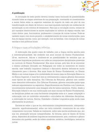 79
a oralidade, a leitura e a escrita
no ciclo de alfabetização
A publicação
A circulação do texto pronto deveria constar como horizonte de possibilidades
durante todas as etapas anteriores de sua preparação, orientando os investimentos
a serem feitos sobre os aspectos materiais do suporte do texto em prol de sua
transformação em objeto de leitura e sua mais ajustada inscrição em instâncias de
socialização ou em eventos de letramento. Para que a circulação ocorra, tomam-se
por supostos interlocutores os atores implicados no interior do espaço escolar, tais
como diretor, pais, funcionários, professores e crianças de outras turmas. Pode-se
também supor, com muito proveito, o estabelecimento de novas interlocuções, para
fora do espaço escolar, como, por exemplo, com as famílias, com crianças de outras
escolas e com políticos locais.
A língua e suas articulações infinitas
A imbricação dos quatro eixos de trabalho com a língua escrita aponta para
a interdisciplinaridade, tão evidente nos anos iniciais do Ensino Fundamental.
Lê-se, escreve-se, fala-se e analisam-se as possibilidades de sentidos que as
estruturas linguísticas produzem em todos os componentes disciplinares presentes
no currículo do Ensino Fundamental. Nos anos iniciais, pelo fato de se encontrar
o mesmo professor (formado em Pedagogia) em todos os momentos do ensino
escolar, esse trabalho linguístico (textual e discursivo) deveria delinear-se muito
claramente para o docente. Nos anos finais do Ensino Fundamental, no Ensino
Médio e em outras etapas e/ou modalidades do ensino (seja na Educação Básica ou
no Ensino Superior), é mais fácil ater-se restritamente a alguns gêneros discursivos
mais típicos de cada disciplina. Em Ciências da Natureza, gêneros com caráter
mais descritivo-informativo. Em Ciências Humanas, gêneros marcados pelos tipos
textuais argumentativo ou expositivo. Especificamente em História e em Literatura,
encontraremos certamente uma dosagem alta de textos narrativos. Porém, desde a
Educação Infantil e em sua continuação nos anos iniciais do Ensino Fundamental,
as disciplinas podem ser mais facilmente integradas entre si e, nessa integração a
imbricação com os conteúdos retomados e articulados em diferentes disciplinas,
a imbricação de Leitura, Escrita, Oralidade e Análise Linguística pode ainda mais
abertamente se produzir.
Escreve-se sobre o que se leu efetivamente (compreensivamente, interpretati-
vamente, significativamente), sobre um certo conteúdo, constitutivo de um certo
componente curricular. Debate-se oralmente, sobre esta escrita produzida que, por
sua vez, pressupõe leituras compartilhadas. As leituras, para se darem de forma
plena, dependem de análises linguísticas necessariamente, pois, conforme o gênero
discursivo em questão, serão de ordem vocabular, sintática, morfológica, textual ou
outras.
 