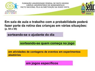 Em sala de aula o trabalho com a probabilidade poderá 
fazer parte da rotina das crianças em várias situações: 
(p. 54 e 55) 
sorteando-se o ajudante do dia 
sorteando-se quem começa no jogo 
em atividades de contagens de eventos em experimentos 
aleatórios 
em jogos específicos 
 