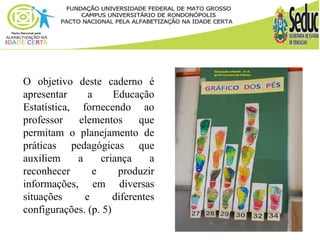 O objetivo deste caderno é 
apresentar a Educação 
Estatística, fornecendo ao 
professor elementos que 
permitam o planejamento de 
práticas pedagógicas que 
auxiliem a criança a 
reconhecer e produzir 
informações, em diversas 
situações e diferentes 
configurações. (p. 5) 
 