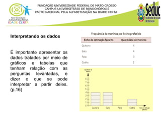 Interpretando os dados 
É importante apresentar os 
dados tratados por meio de 
gráficos e tabelas que 
tenham relação com as 
perguntas levantadas, e 
dizer o que se pode 
interpretar a partir deles. 
(p.16) 
 