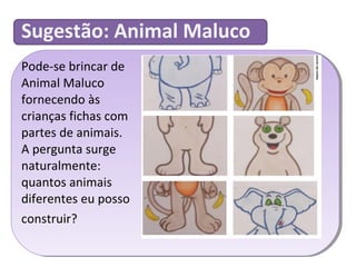 Sugestão: Animal Maluco 
Pode-se brincar de 
Animal Maluco 
fornecendo às 
crianças fichas com 
partes de animais. 
A pergunta surge 
naturalmente: 
quantos animais 
diferentes eu posso 
construir? 
 