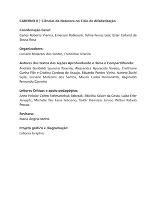 CADERNO 8 | Ciências da Natureza no Ciclo de Alfabetização
Coordenação Geral:
Carlos Roberto Vianna, Emerson Rolkouski, Telma Ferraz Leal, Ester Calland de
Sousa Rosa
Organizadores:
Luciane Mulazani dos Santos, Francimar Teixeira
Autores dos textos das seções Aprofundando o Tema e Compartilhando:
Andrela Garibaldi Loureiro Parente, Alessandra Aparecida Viveiro, Cristhiane
Cunha Flôr e Cristina Cardoso de Araujo, Eduardo Pontes Vieira, Ivanete Zuchi
Siple, Luciane Mulazani dos Santos, Mauro Carlos Romanatto, Reginaldo
Fernando Carneiro
Leitores Críticos e apoio pedagógico:
Anne Heloíse Coltro Stelmastchuk Sobczak, Edicléia Xavier da Costa, Laíza Erler
Janegitz, Michelle Taís Faria Feliciano, Valdir Damázio Júnior, Wilton Rabelo
Pessoa
Revisora:
Maria Ângela Motta
Projeto gráfico e diagramação:
Labores Graphici
 